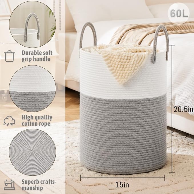Laundry Basket, Woven Cotton Rope Laundry Hamper, 60L - Image 6