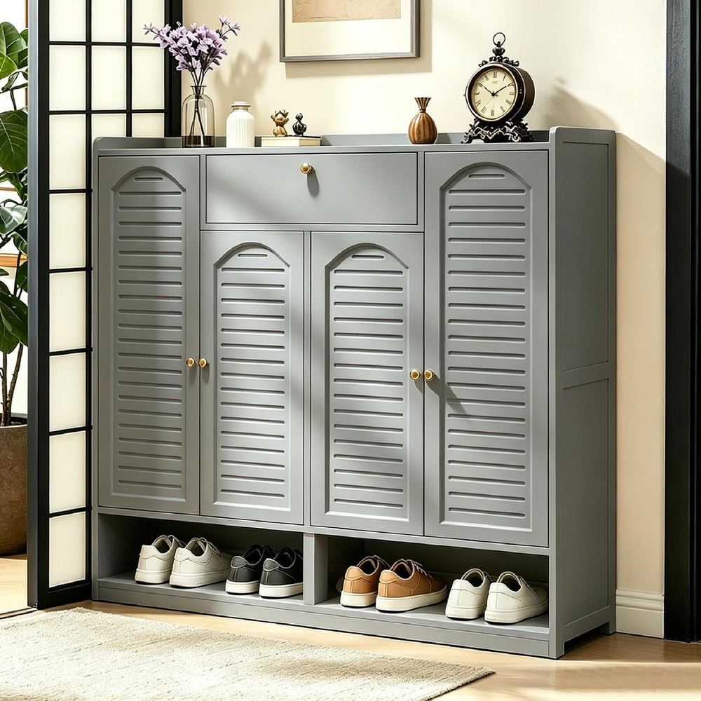 7-Tier Bamboo Shoe Cabinet, Shoe Storage Organizer with Louvered Doors and Dr...