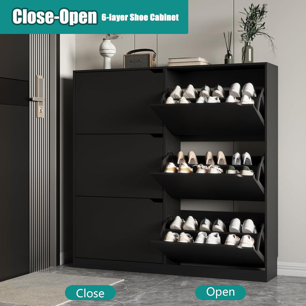 Xixini Shoe Storage Cabinet for Entryway with 6 Flip Drawers, Sturdy Wood Hid...