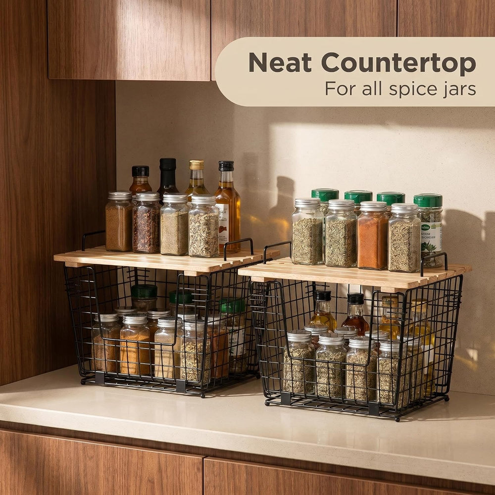 2 Wire Storage Basket with Bamboo Shelf for Fruits Vegetables and Spices