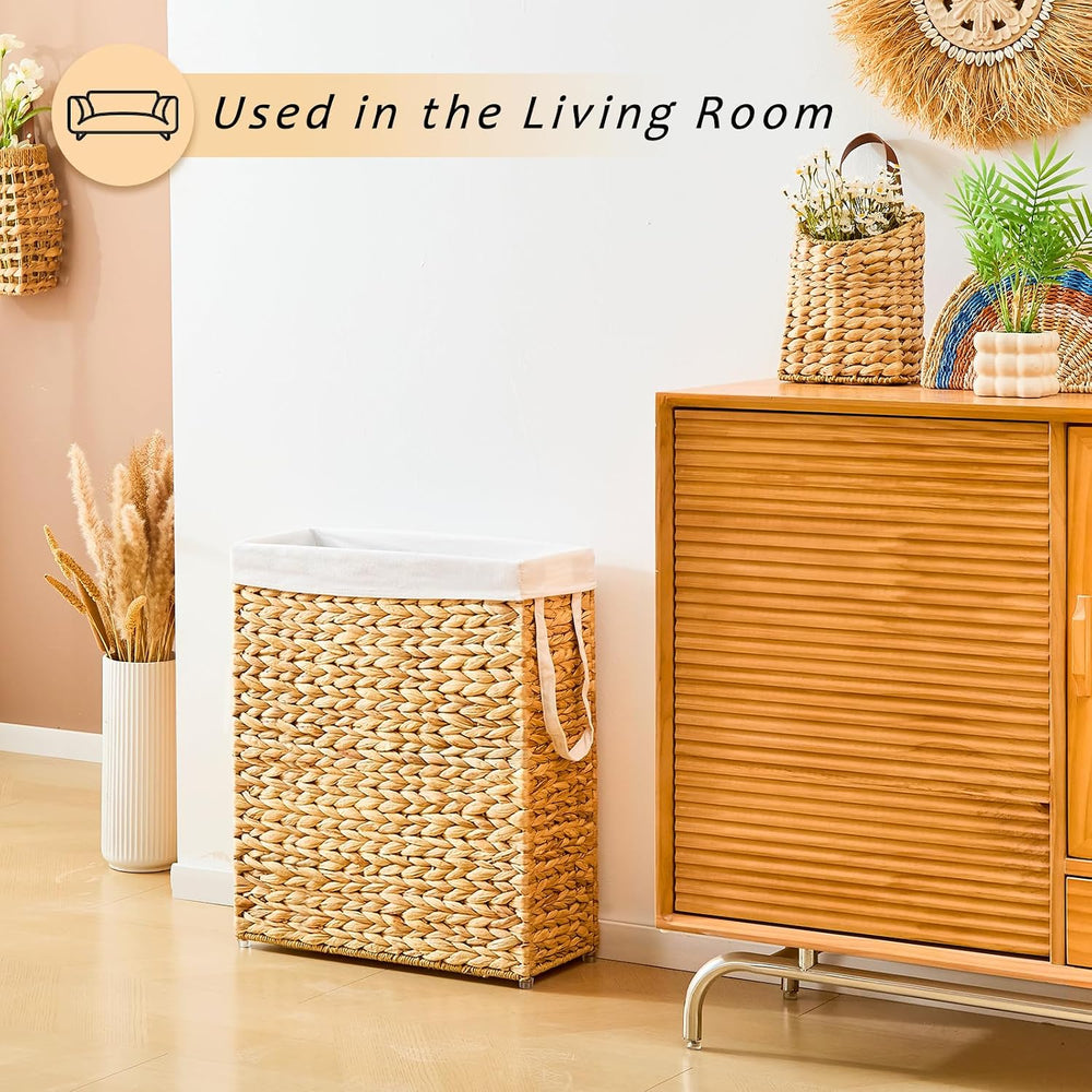 Handwoven Slim Laundry Hamper, 75L Narrow Laundry Basket, Natural Water Hyaci...