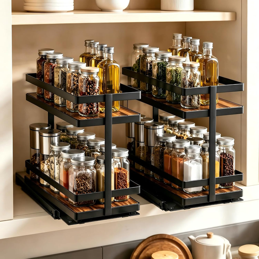Pull Out Spice Rack 2Pcs Metal & Wood Seasoning Organizer Black