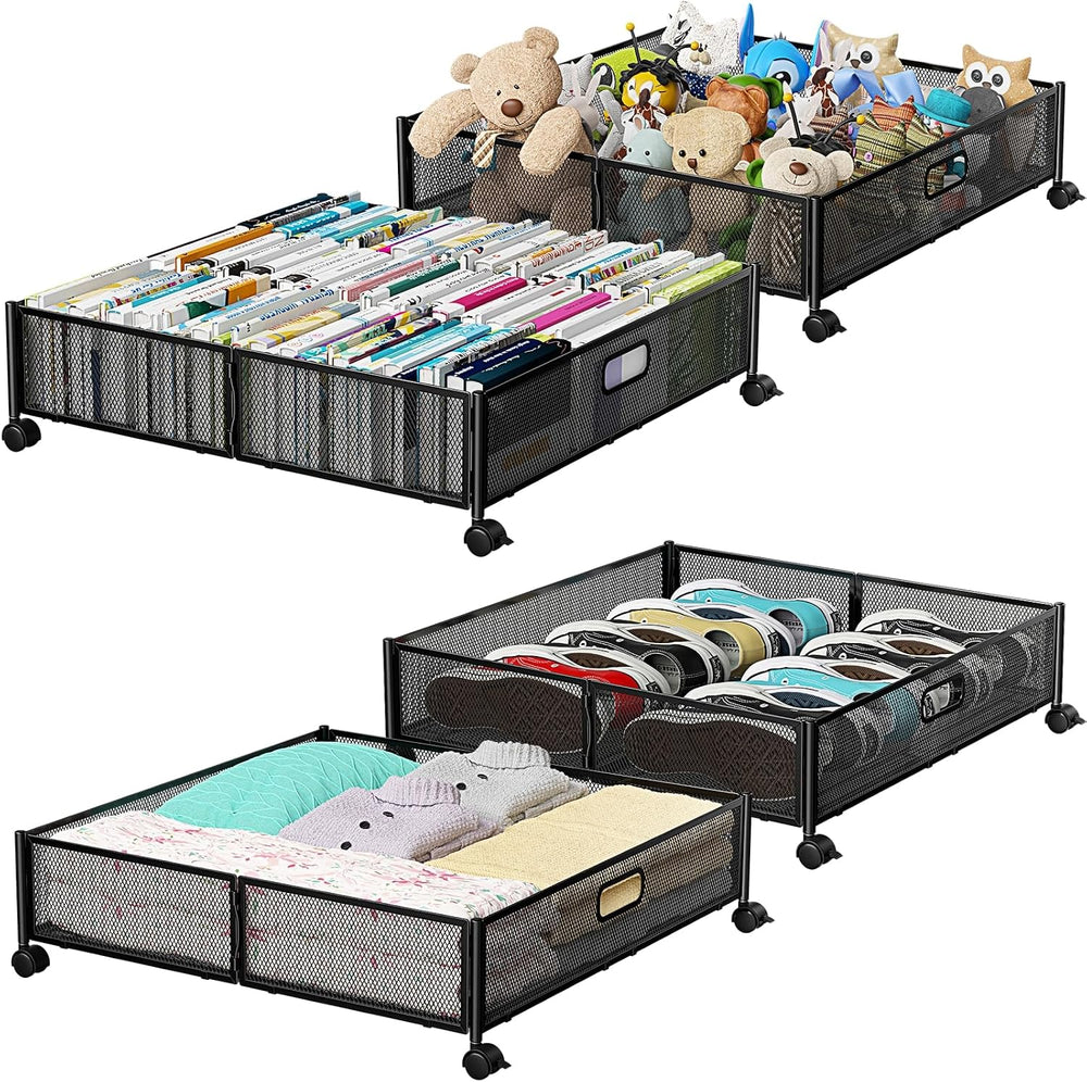 PHINOX Under Bed Storage with Wheels & Handle,Metal,Large,4 Pack,Black