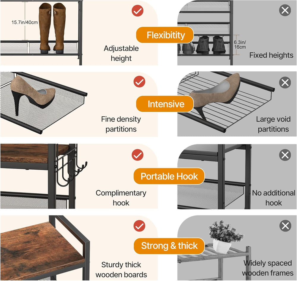 5 Tier Shoe Rack, Shoe Rack for Entryway with Hook, Shoe Organizer with Adjus...