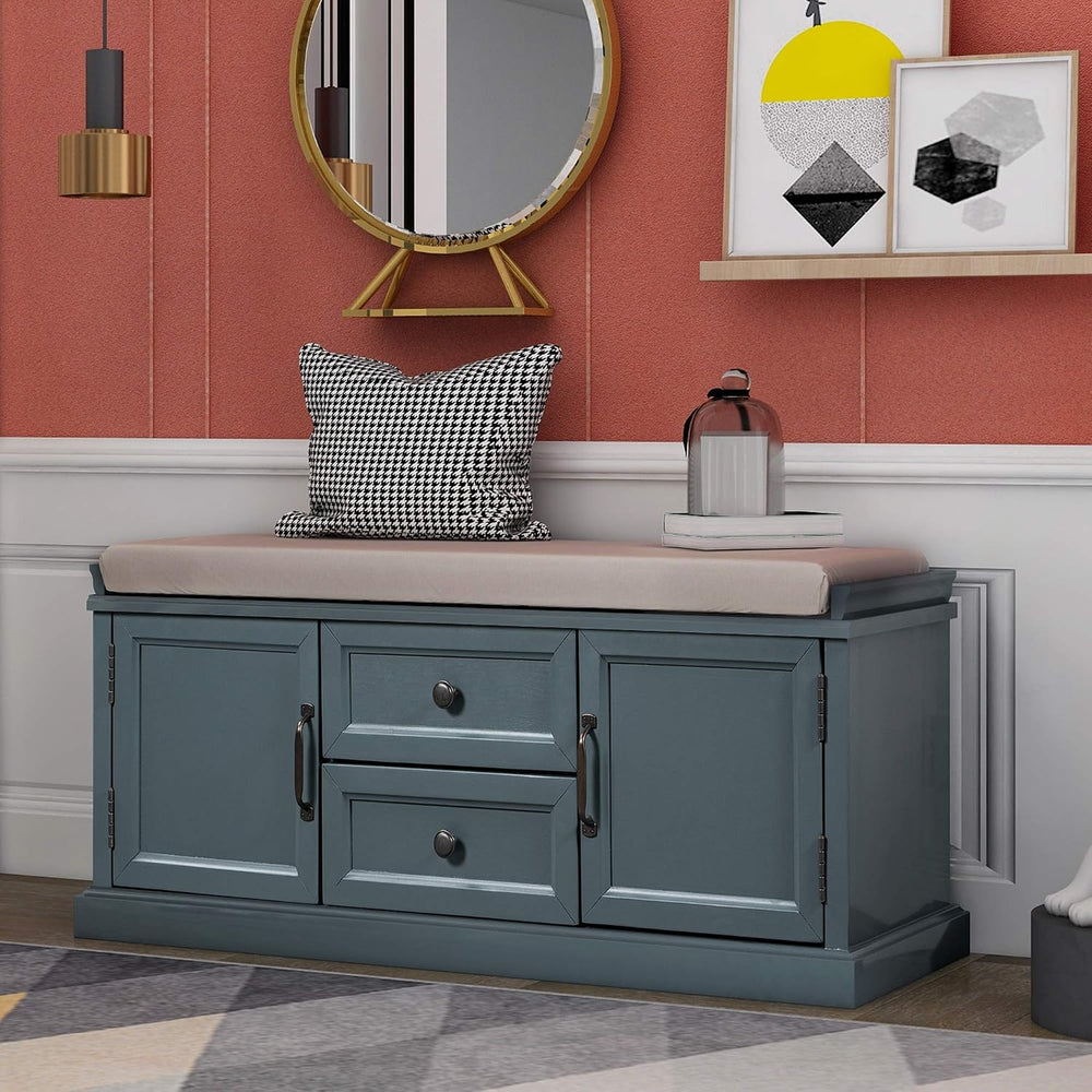 Storage Bench, Solid Wood Shoe Bench with 2 Drawers/2 cabinets/Removable Cush...