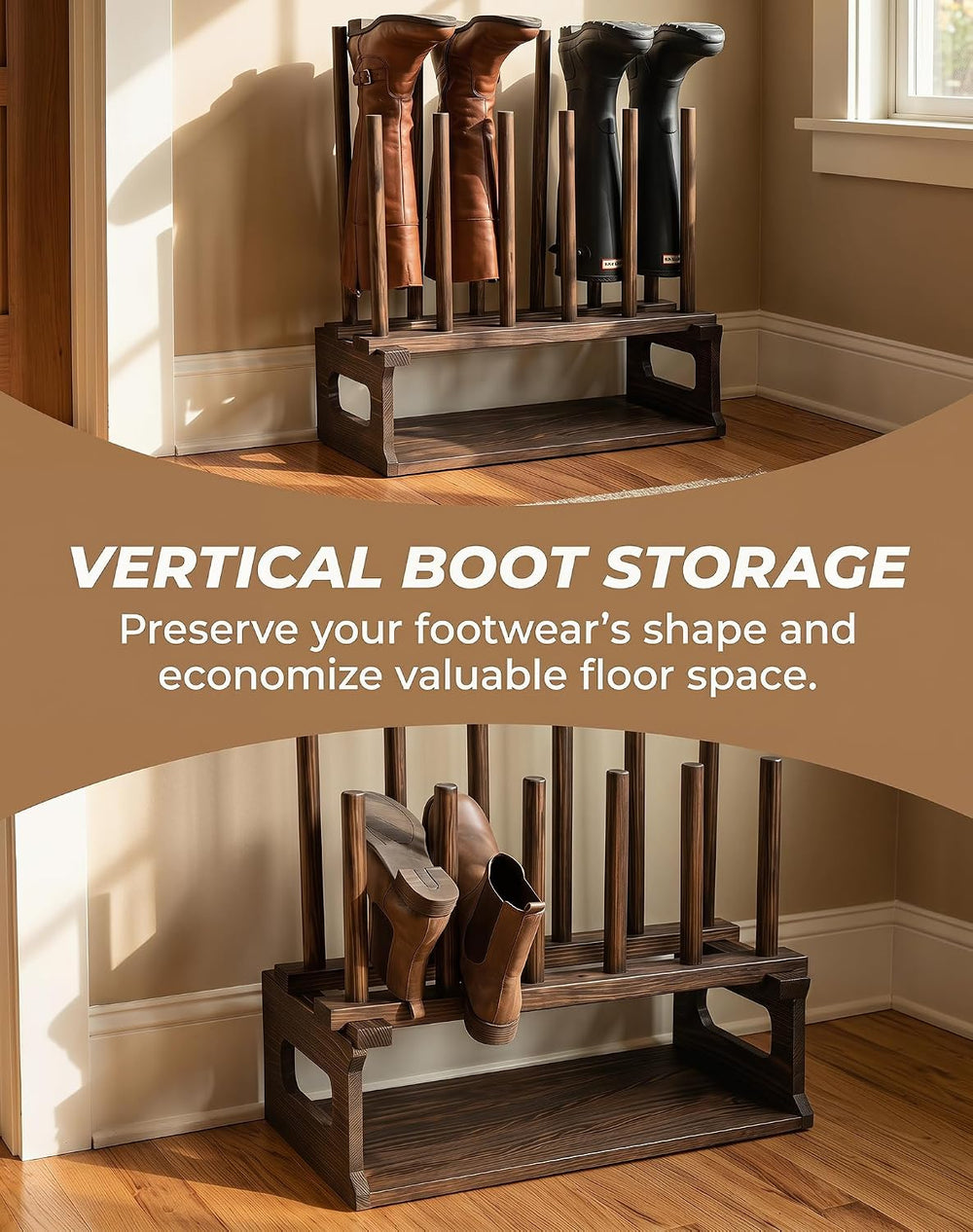 Wooden Boot Rack, 9 Pair Boot Organizer with Lower Shoe Shelf, Vertical Boot ...