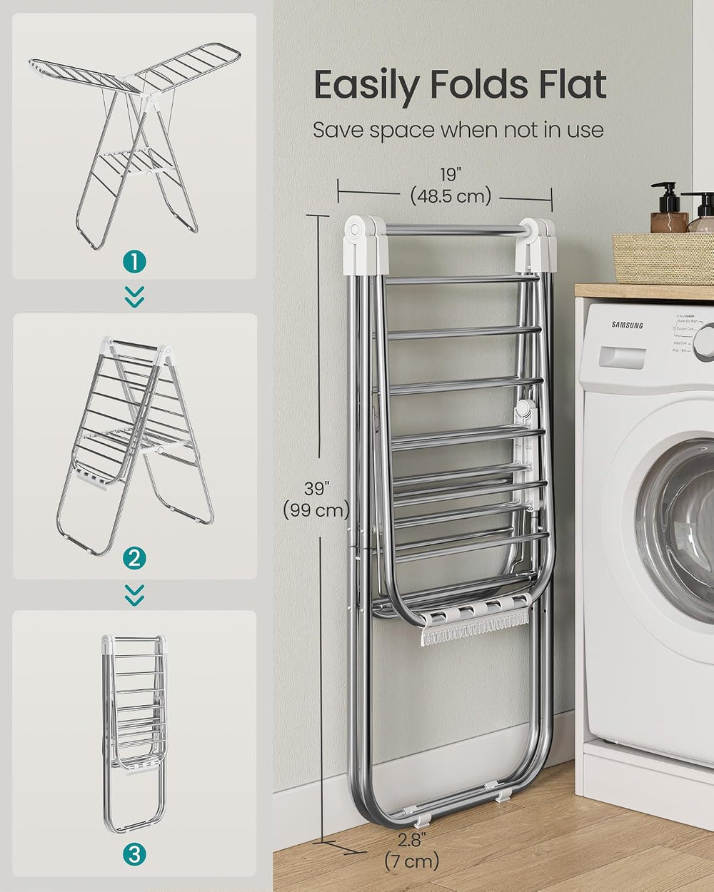 SONGMICS Clothes Drying Rack, Foldable Metal Airer, 19.3 x 51.2 x 39.4 in