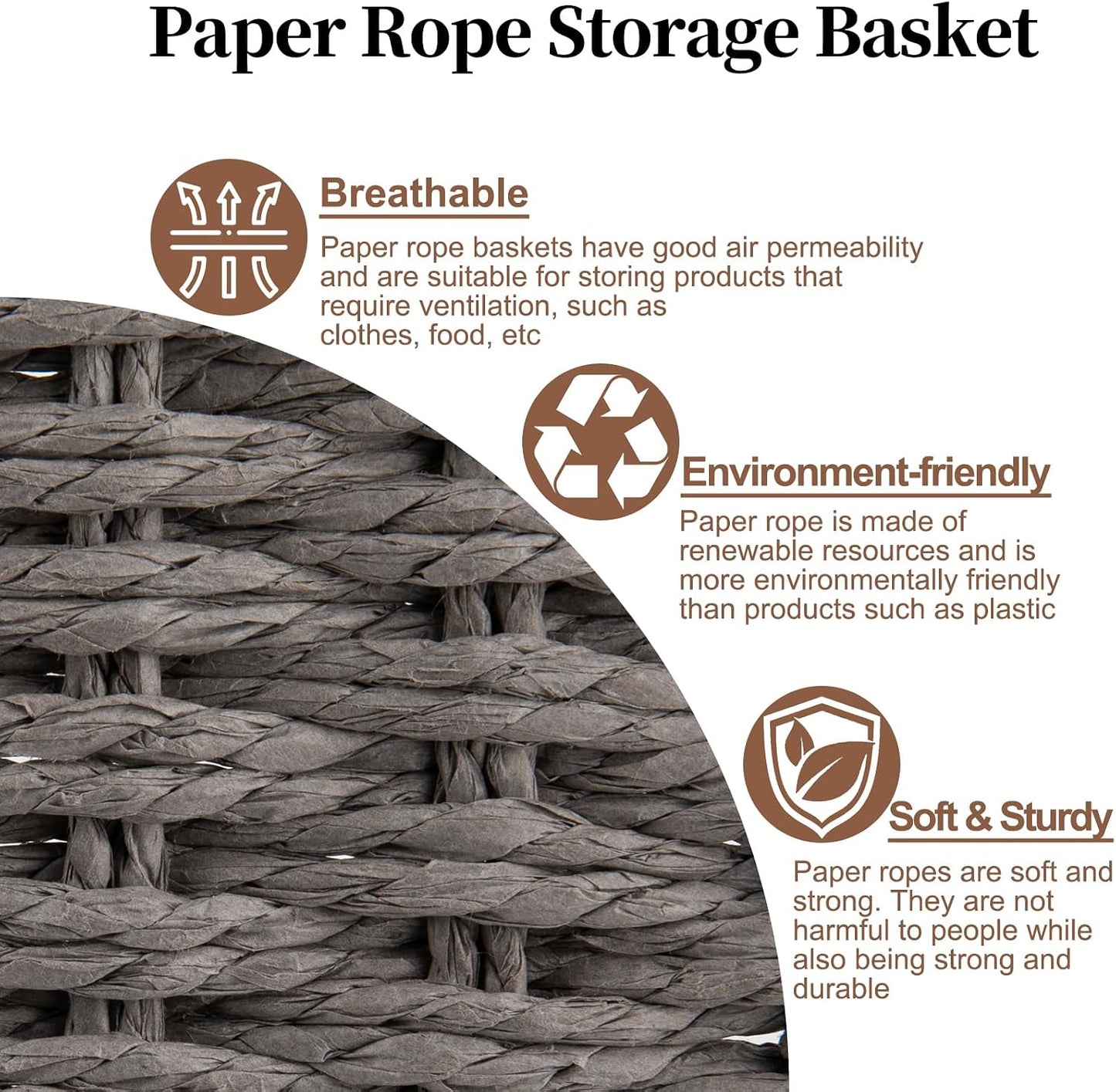 OIAHOMY Scalloped Wicker Baskets, Hand-woven Storage Baskets with Built-in Handles, Paper Rope Shelf Baskets for Organizing and Decoration, Set of 3-Grey