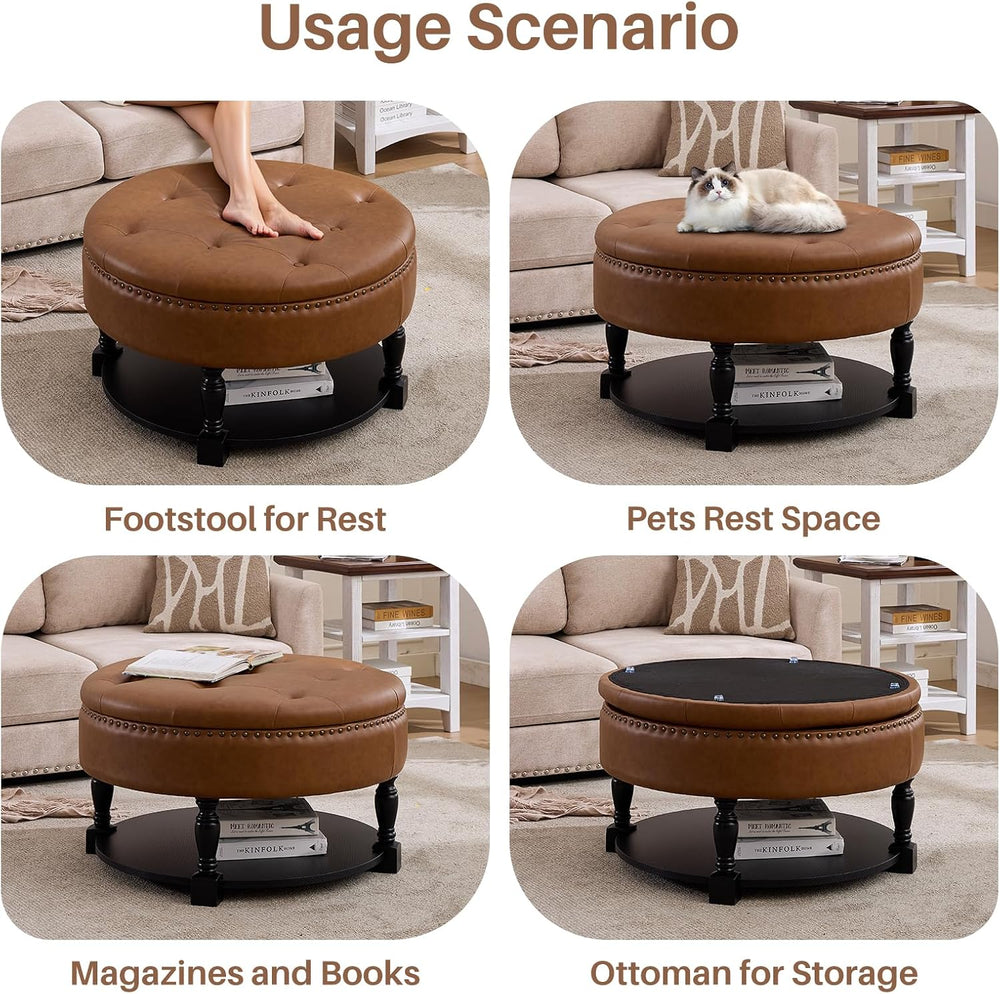31.5 Inch Round Storage Ottoman Coffee Table with Shelf, PU Brown