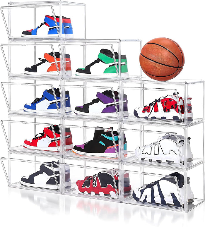 BVBOX 12 Pack Acrylic Shoe Storage Boxes with Magnetic Door - 360° Clear Stackable Shoe Display Box Set, Plastic Shoe Cabinet Rack Box for Sneakers Heels Shoes (12, Clear, XL - Side Open)
