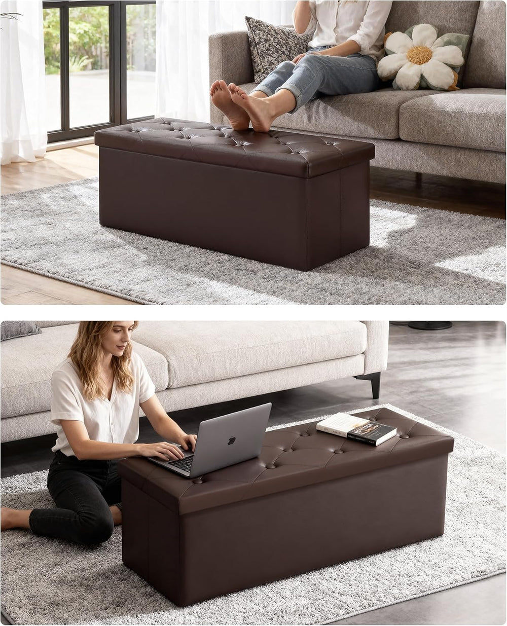 GLAXYFUR 43" Storage Ottoman Bench, Folding Ottoman with 2 Dividers, Brown