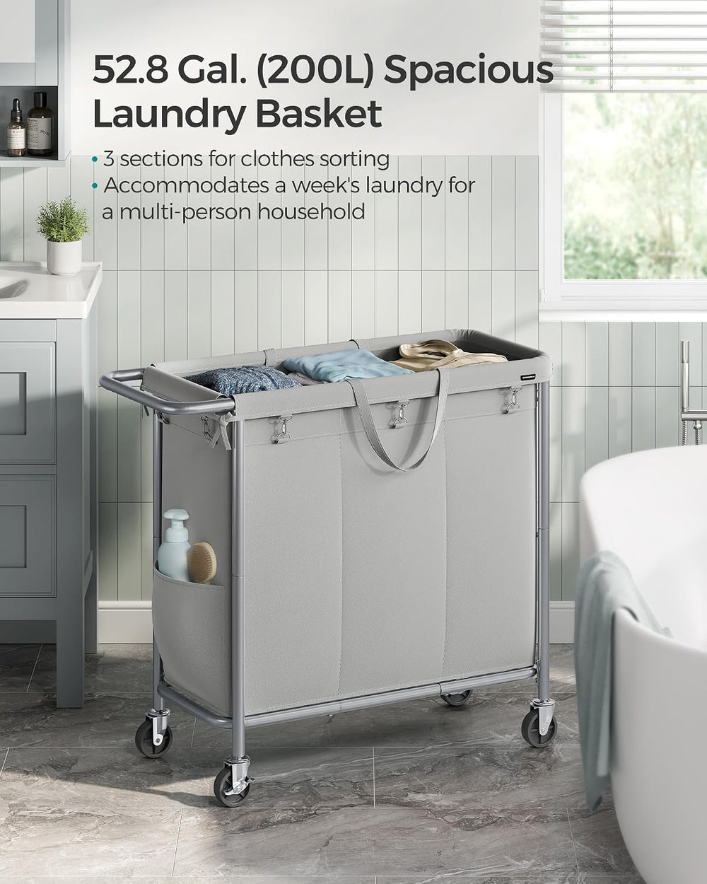SONGMICS Laundry Basket with Wheels, 3-Section, 52.7 Gallons (199.5 L)