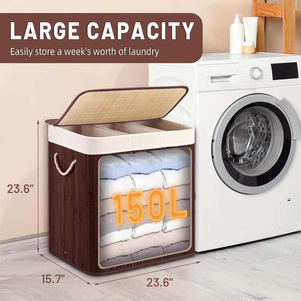 Aliphon 150L Laundry Hamper with lid, 3-Section Clothes Laundry Basket with H...