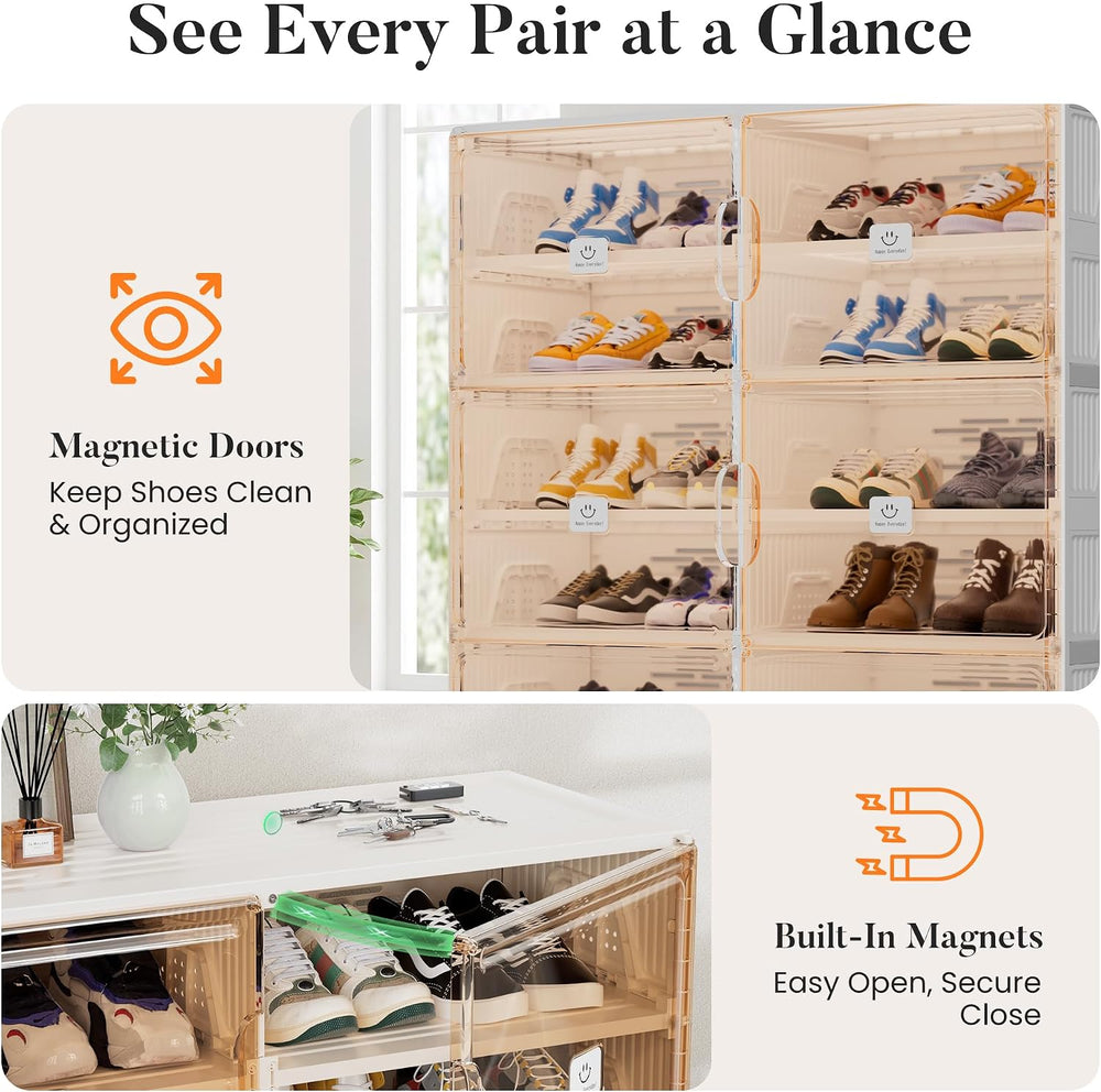 Foldable Shoe Organizer Storage Cabinet with Clear Magnetic Doors, Stackable ...