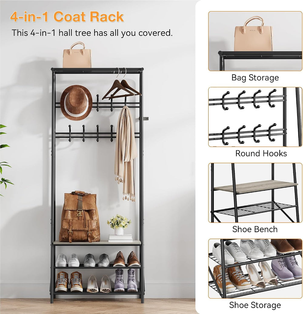 GarveeHome Coat Rack, Hall Tree with Bench and Shoe Storage, Entryway Bench w...
