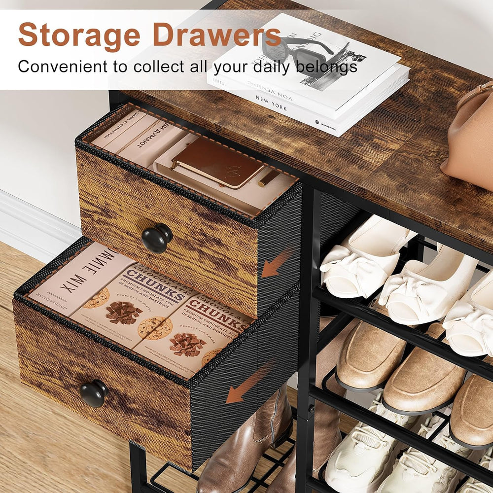 5-Tier Shoe Rack, Side Mesh & 2 Drawers for Closet Rustic Brown