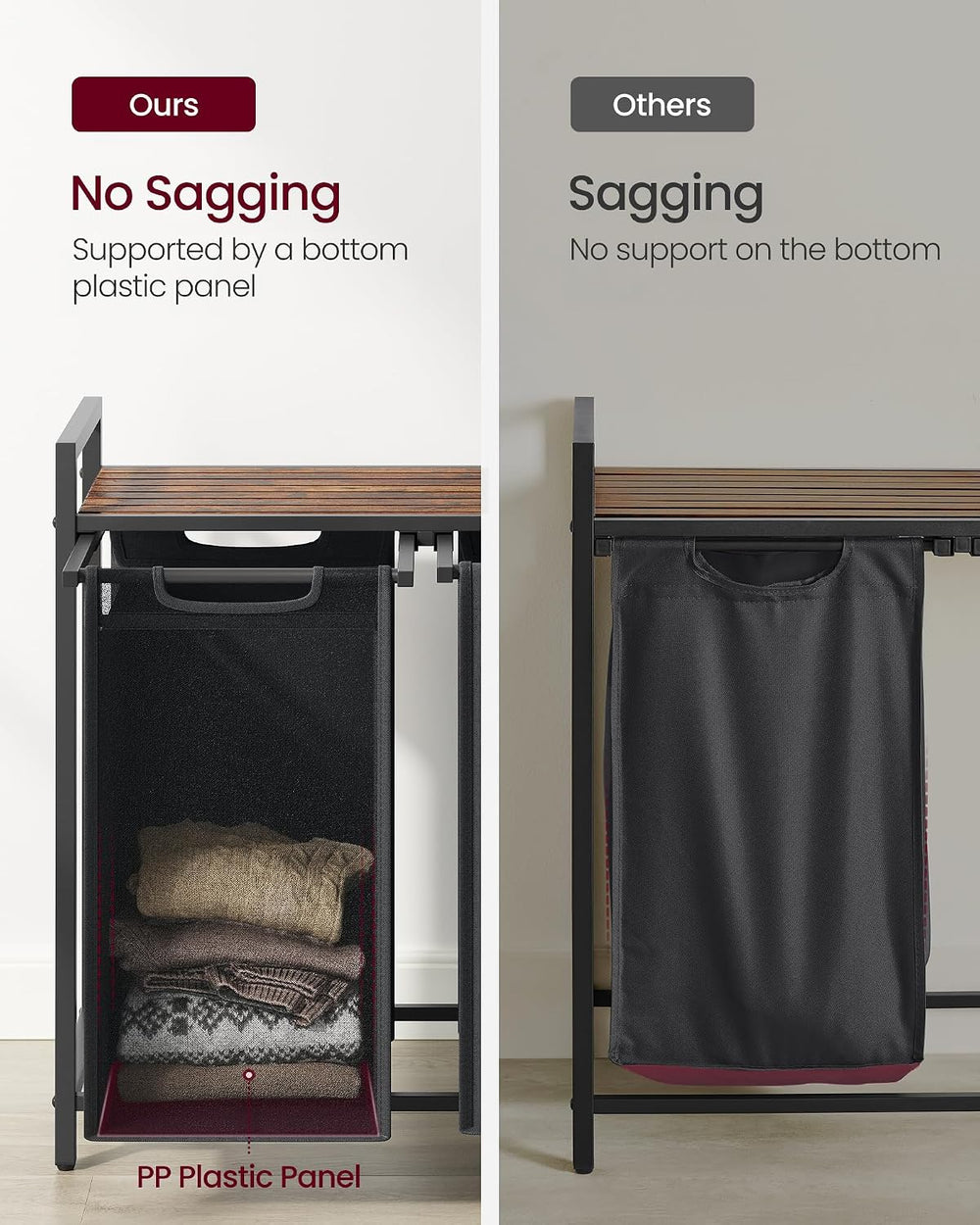 VASAGLE Laundry Hamper with Shelf, 2 Pull-Out Bags, 2 x 12.1 Gallons (46 L)