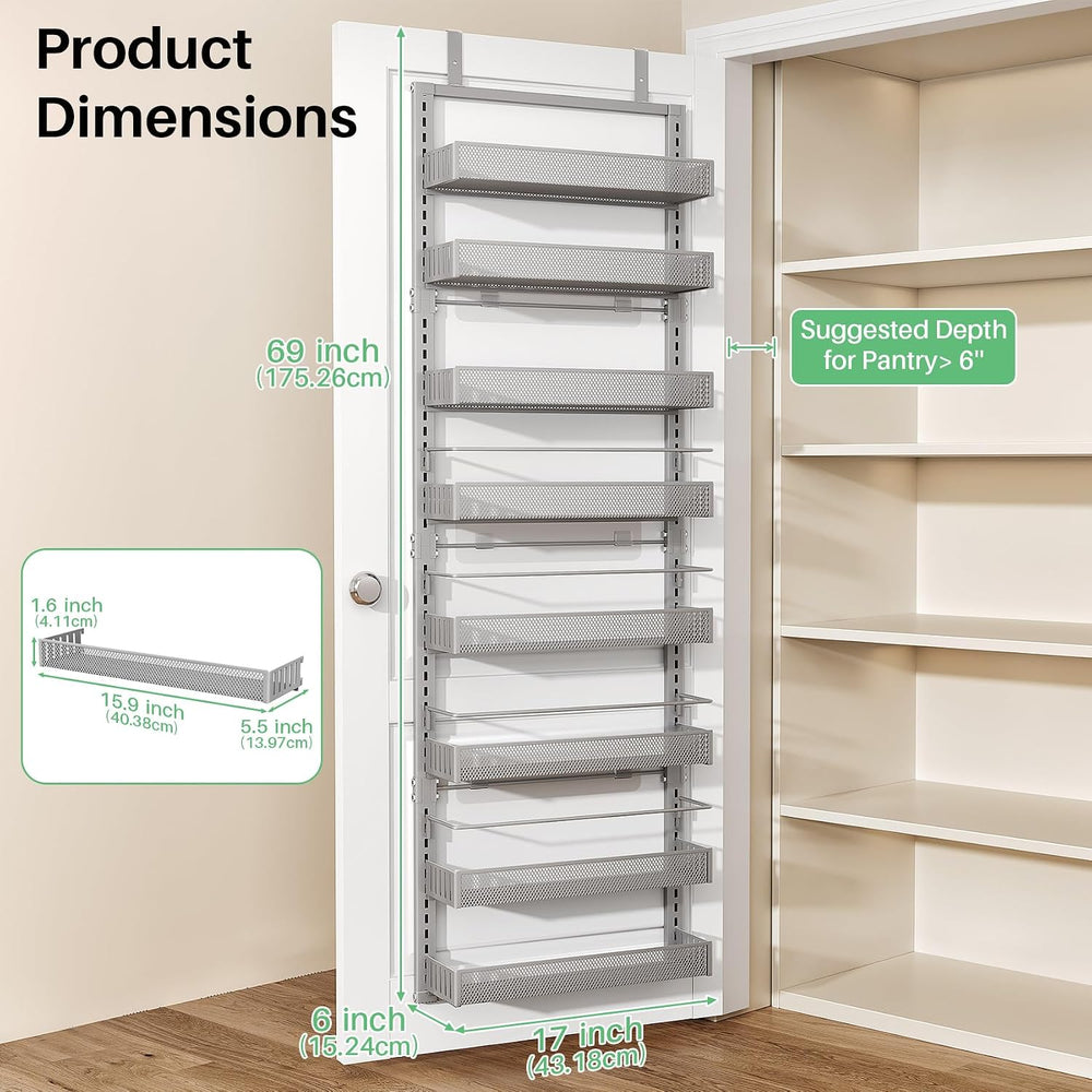 SNTD 8 Tiers Over the Door Organizer, 17" W x 6" D x 69" H, Grey