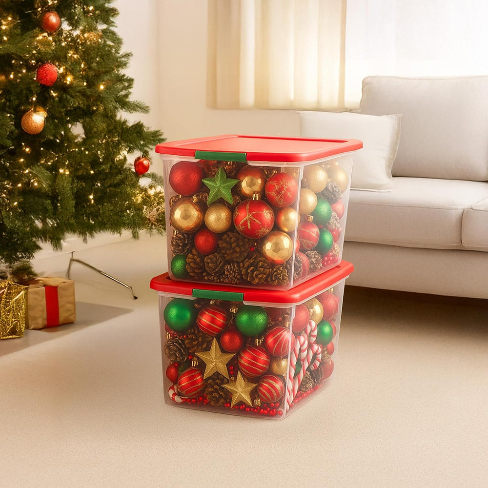 HOMZ Clear Plastic Storage Bin with Secure Latching Red Lid, 64 Qt, 2 Pack