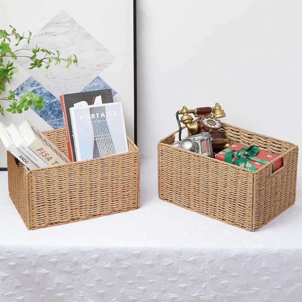 Vagusicc Wicker Storage Basket, Set of 2 Hand-Woven Paper Rope Wicker Basket,...