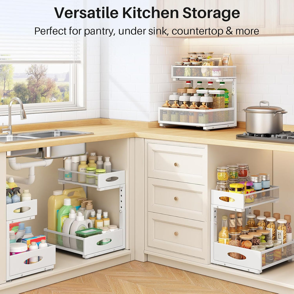 Under Sink Organizer, 2 Pack 2 Tier Pull Out Under Cabinet Organizer Shelf wi...