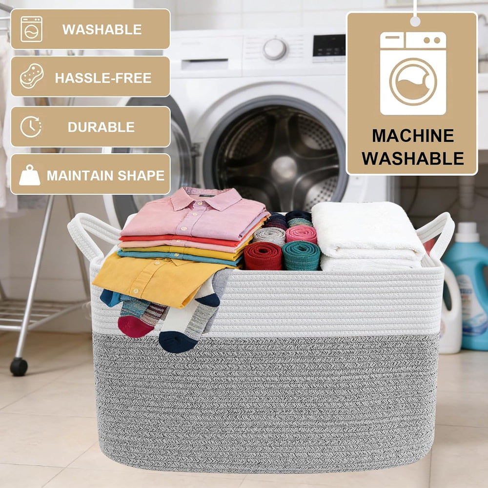 96L Laundry Basket with Handles, Extra Blanket Basket, White/Grey