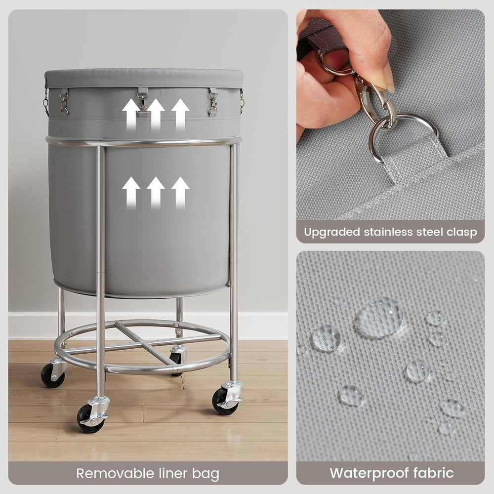 ELYKEN Laundry Basket with Wheels, Round Rolling Laundry Hamper, Gray