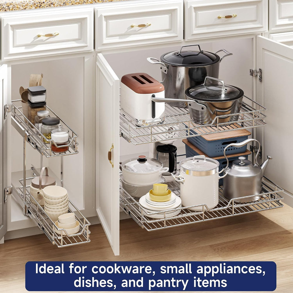 2-Tier Pull Out Cabinet Organizer, 27" W x 21.5" D, Heavy Duty Dual...