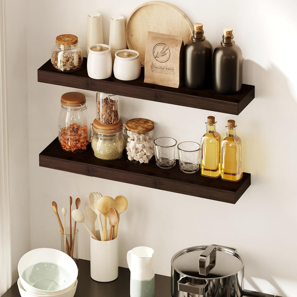 BAMEOS Solid Bamboo Floating Shelves, Set of 2 with Invisible Brackets, Natur...