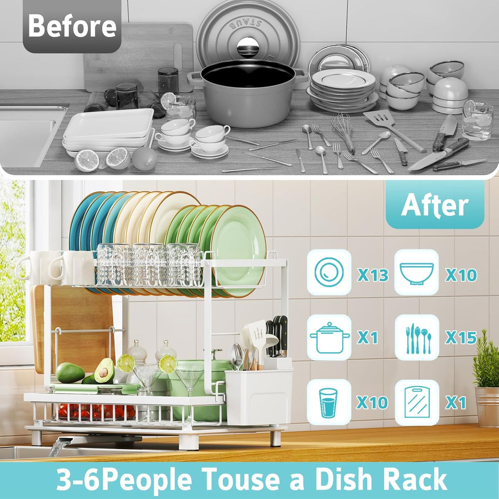 2-Tier Dish Drying Rack for Kitchen Counter, Space-Saving, White