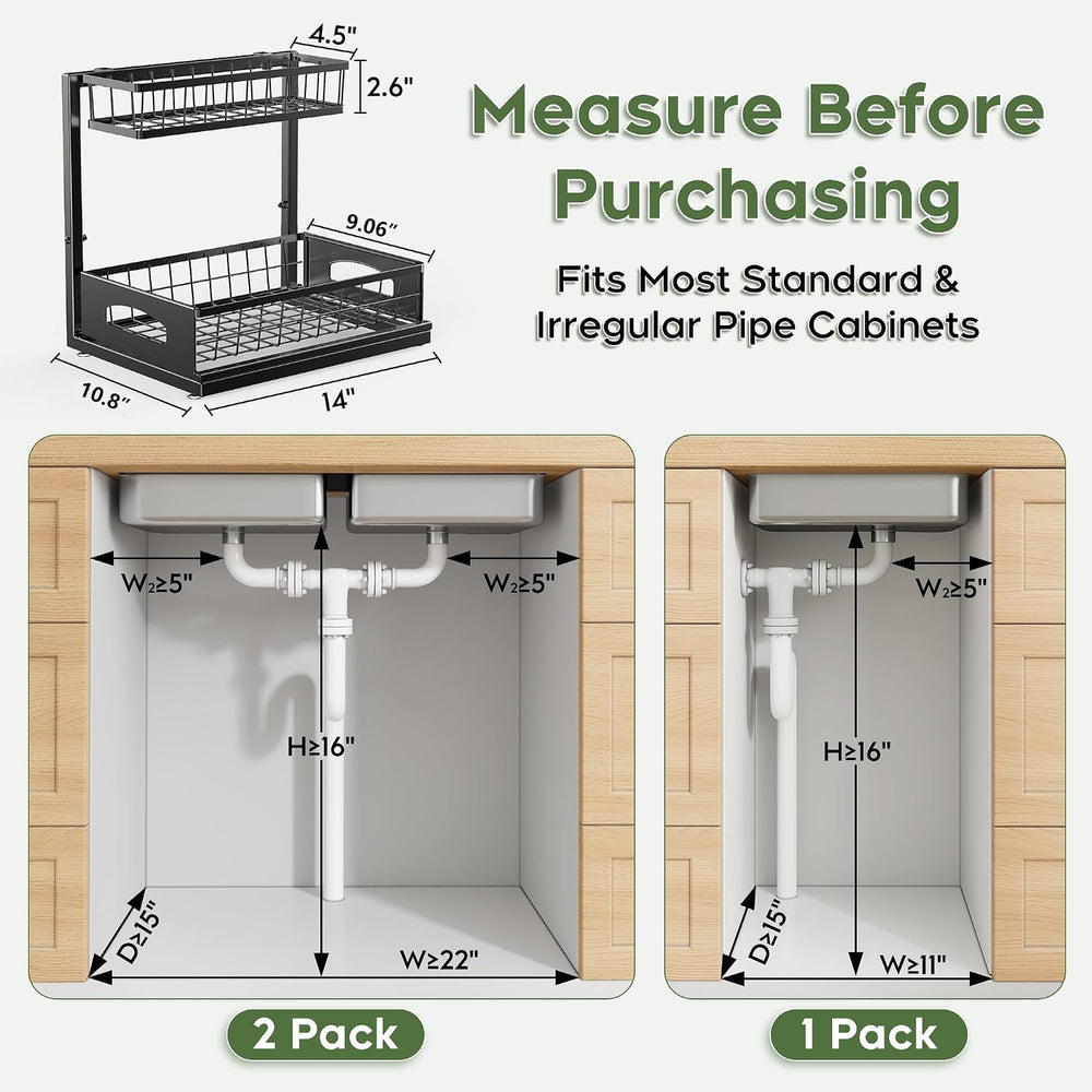 Under Sink Organizer, 2-Pack L-Shaped Metal Pull-Out Drawers for Kitchen