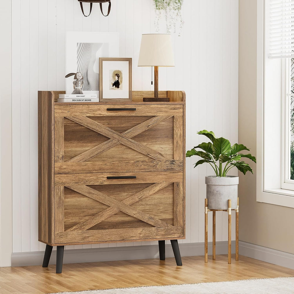 Homleke Farmhouse Shoe Storage Cabinet with Flip Drawers & Barn Door Design