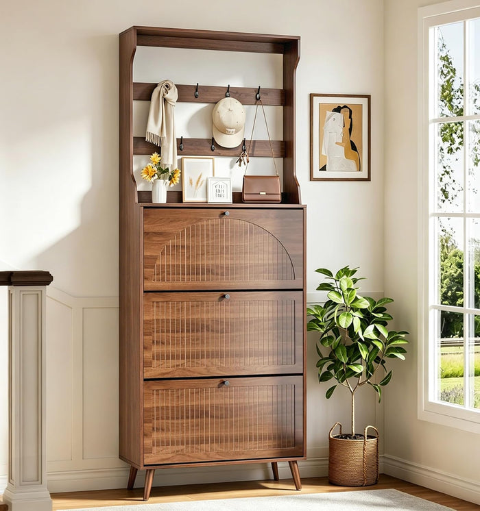 81.8'' Tall Shoe Cabinet with Coat Rack, Narrow Shoe Storage Cabinet with 3 Flip Drawers, 2-in-1 Hall Tree Slim Freestanding Shoe Rack Organizer for Entryway (Walnut, 3 Drawers- 81.88''H)