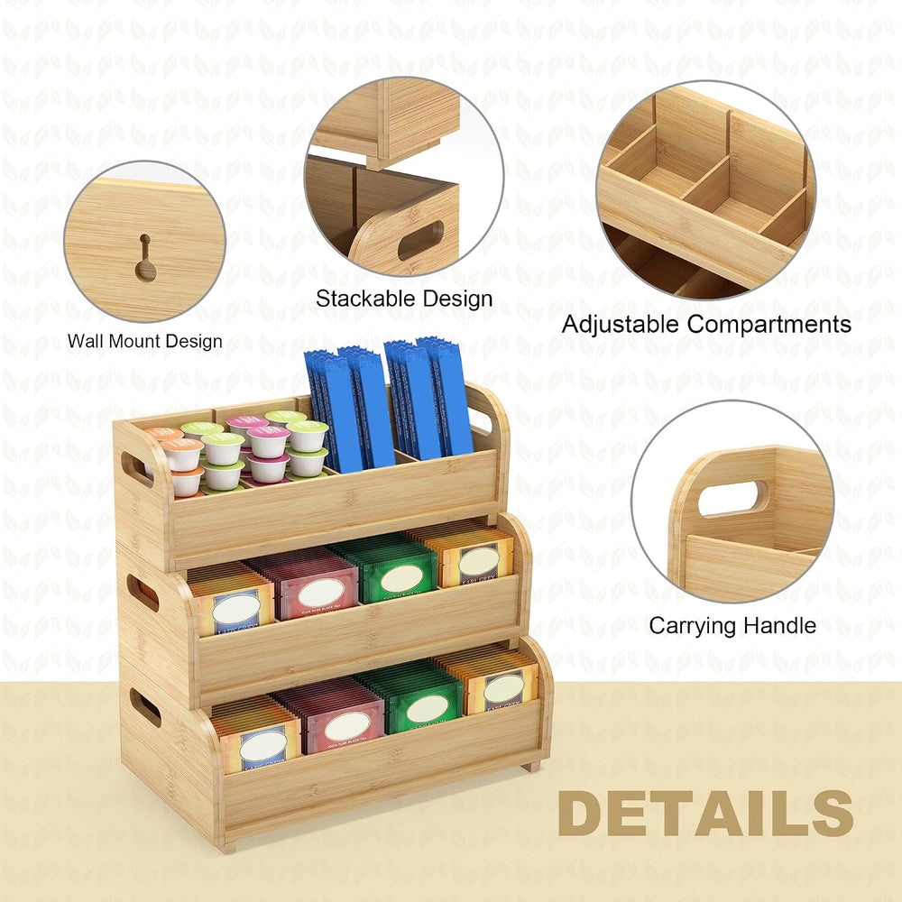 Wisuce 3-Tier Bamboo Tea Bag Organizer, Stackable Tea Holder for Countertop