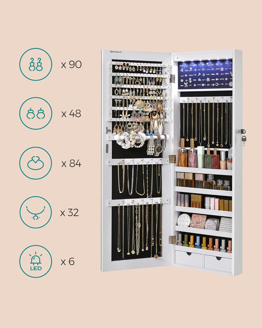 SONGMICS Mirror Jewelry Cabinet Armoire, Wall or Door Mounted, Lockable