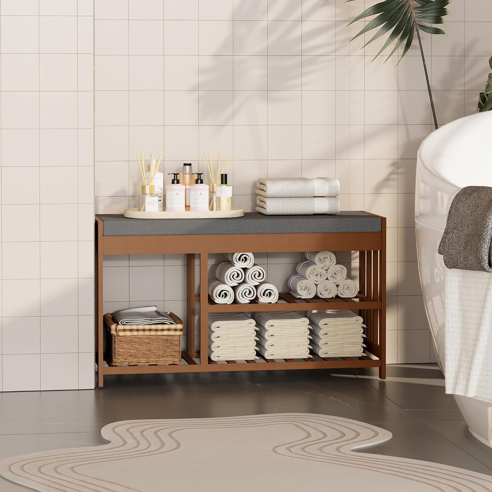 Shoe Rack Bench for Entryway, Bamboo Shoe Storage Bench with Cushion