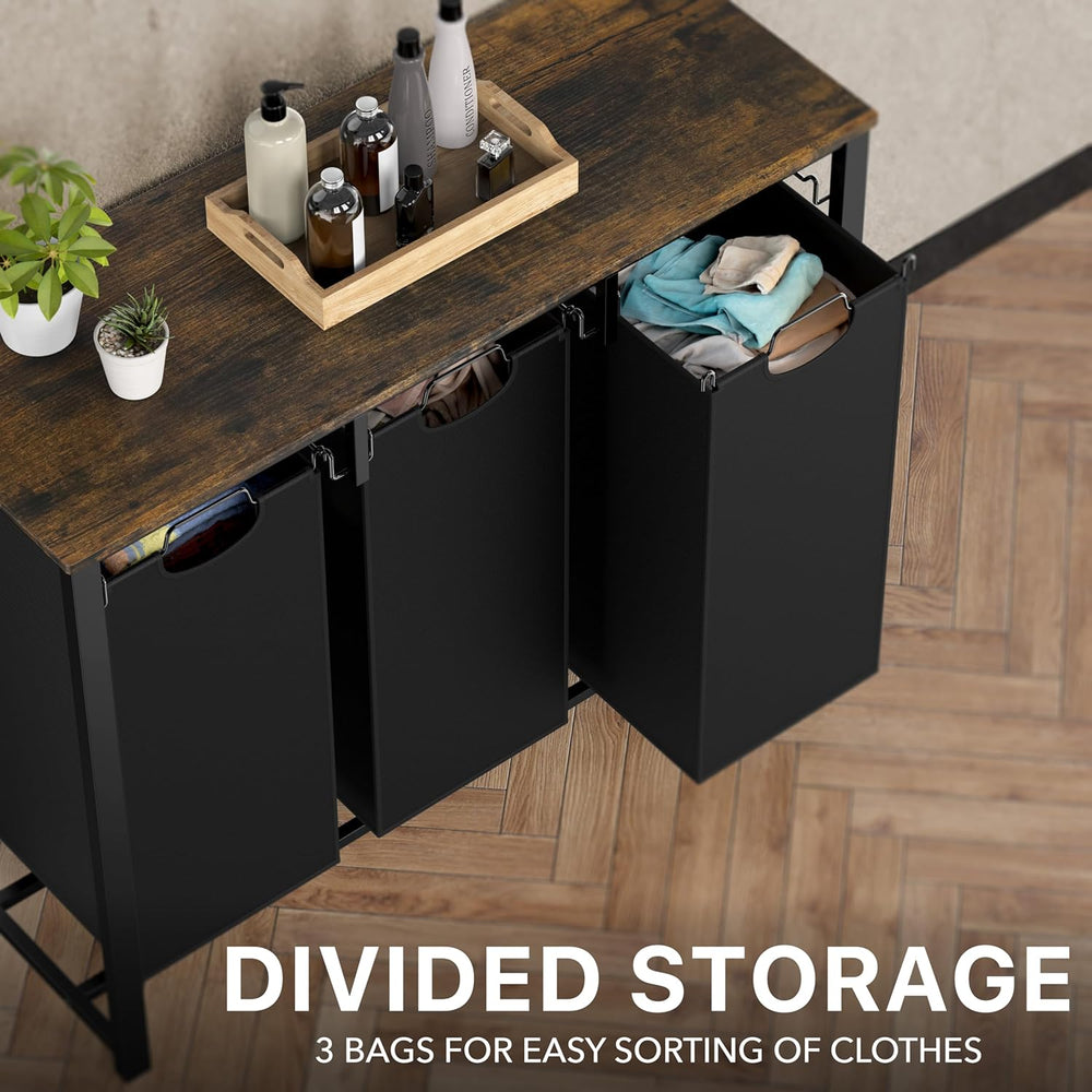 Simple Houseware 3-Section Laundry Sorter w/Tabletop Shelf, Rustic Brown