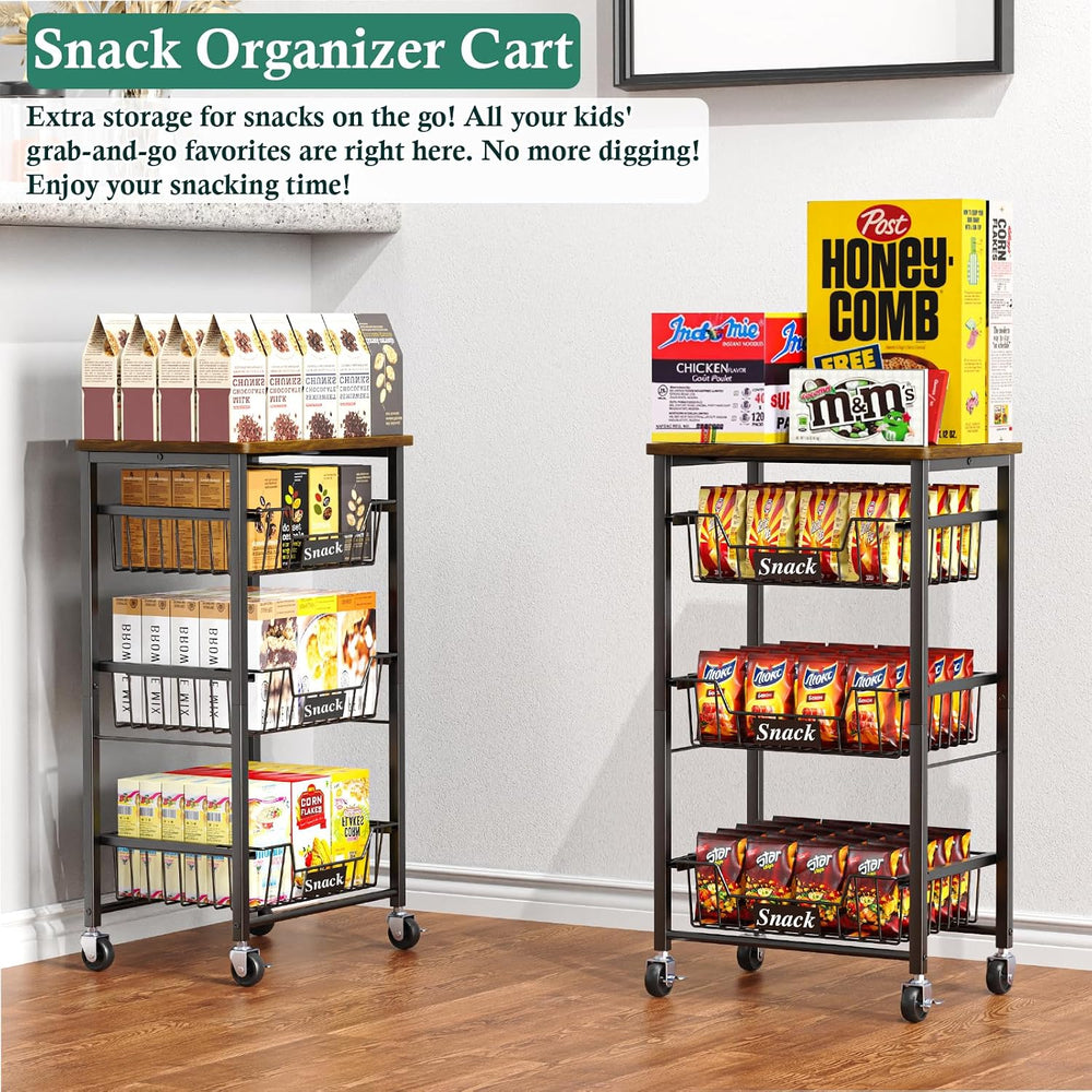 OKZEST 4-Tier Kitchen Storage Cart with 3 Upgraded Drawer Basket & Wood Top