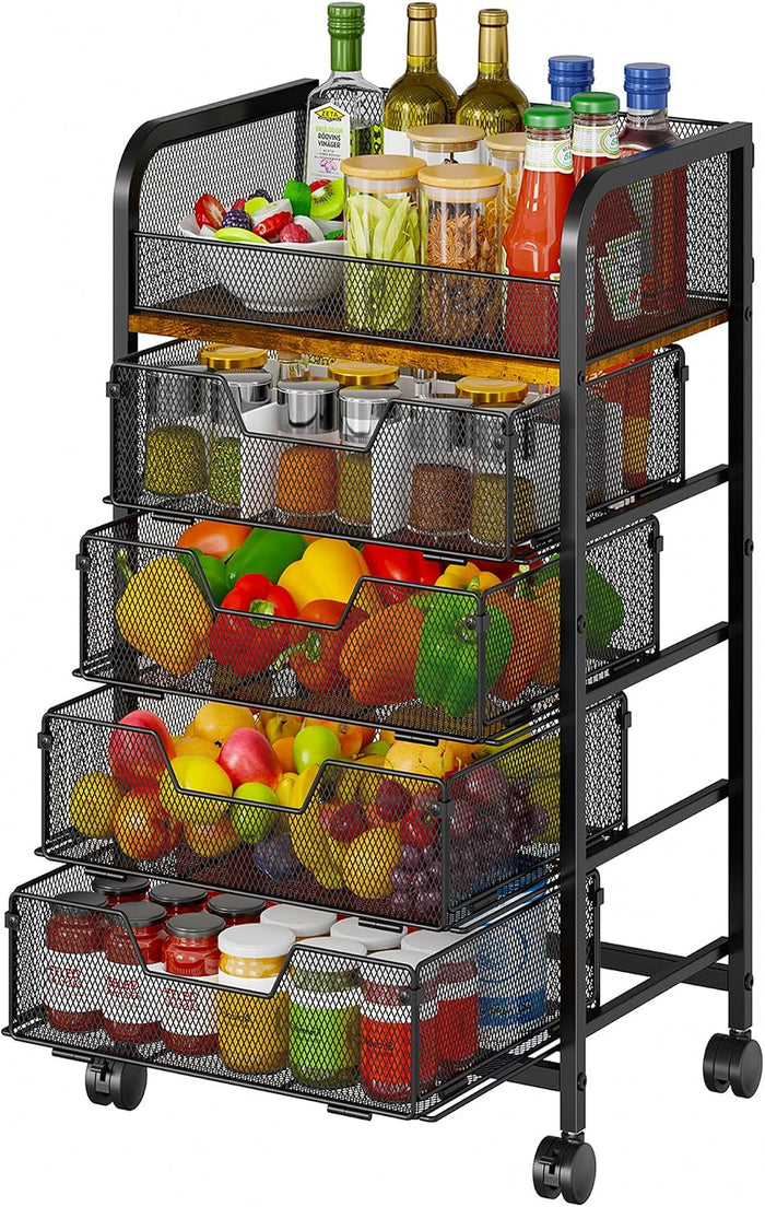 5-Tier Rolling Kitchen Cart with Drawers - Kitchen Storage Cart on Wheels,Pantry Snack Cart,Fruit and Vegetable Storage Cart with Wood Top,Rolling Utility Cart for Potato and Onion Storage