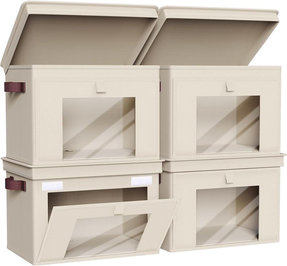 Univivi Front Opening Storage Bins with Lids for Closet, Beige, 4 Pack