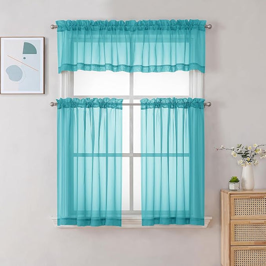 Chyhomenyc Turquoise Sheer Curtains 30 inch Length 2 Panels, Light Filtering - Image 2
