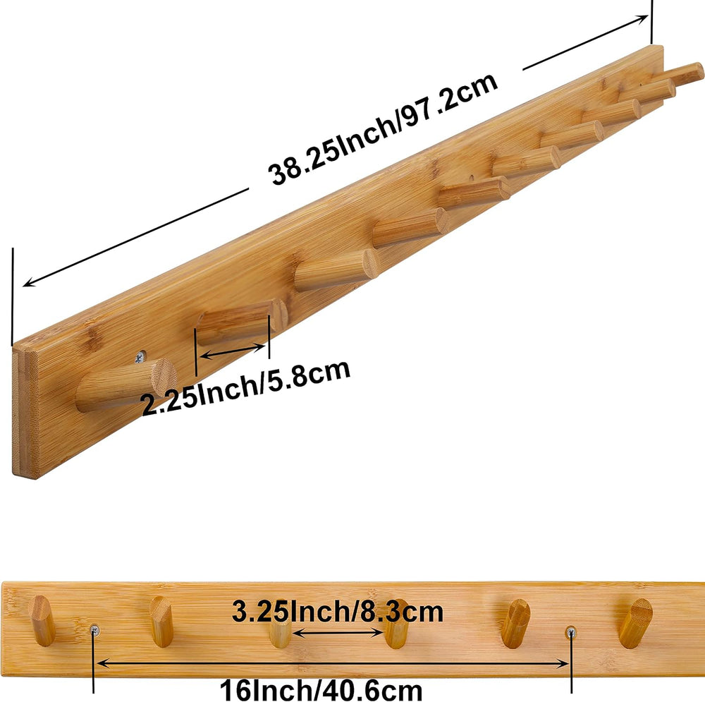 SKOLOO Wall Mounted Coat Rack 38", 10 Hooks, Bamboo, Shaker Style, Natural