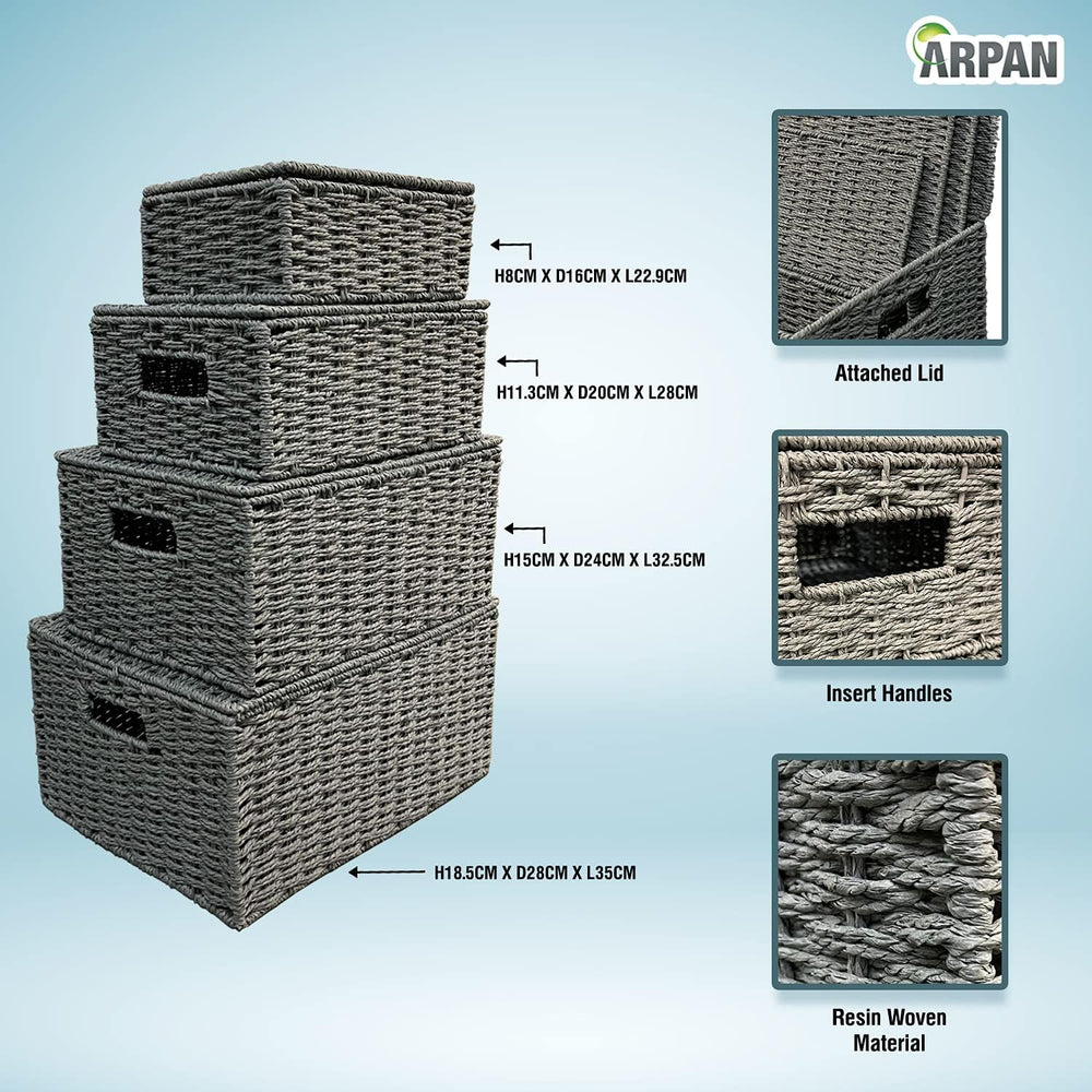 Arpan Set Of 4 Paper Rope Storage Hamper Basket With Lid - Including Xlarge,L...