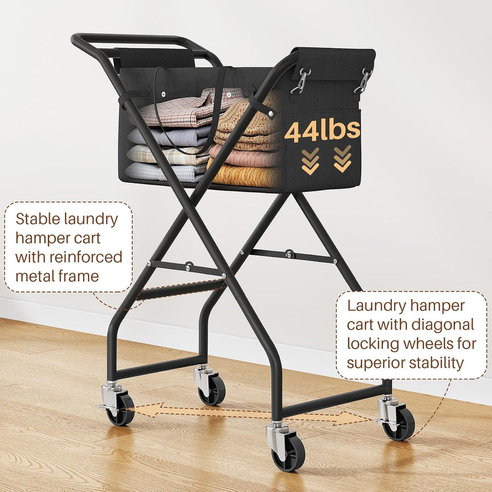 No-Bend Laundry Cart- Rolling Hamper with Locking Wheels & Handle, Foldab...