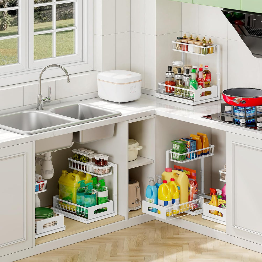 Under Sink Organizer, 2-Pack L-Shaped Metal Pull-Out Drawers for Kitchen