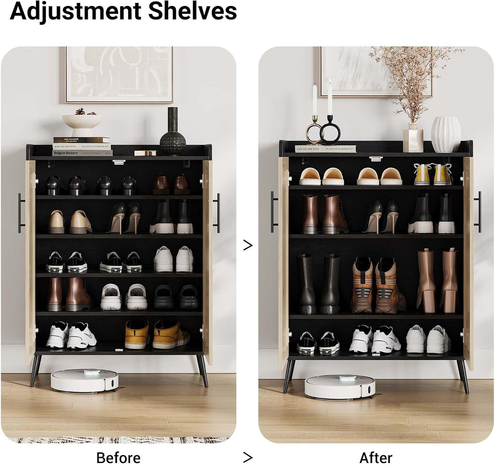 GarveeHome Rattan Shoe Cabinet, 5-Tier Shoe Storage Cabinet with Doors, 2 Adj...