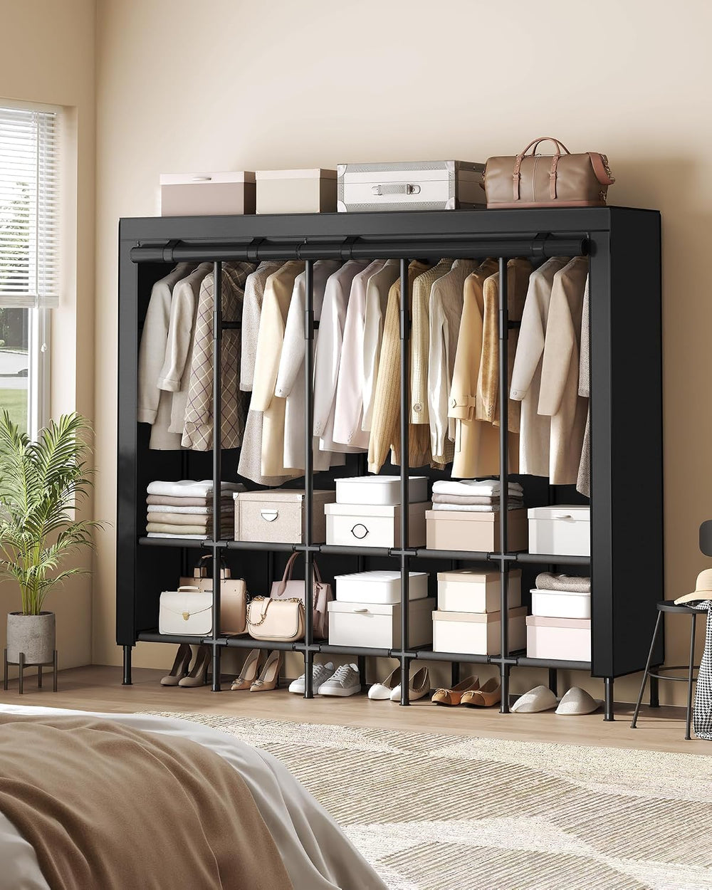 SONGMICS Wardrobe Closet, Fabric Cover, 5 Hanging Rails, 10 Shelves