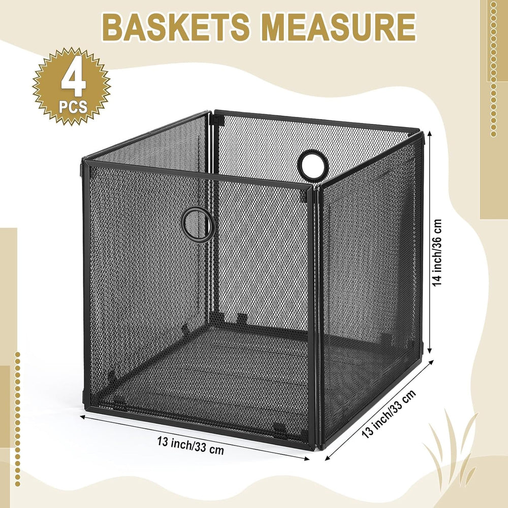 4 Pcs Foldable Metal Cube Storage Baskets, 13x13in, Black