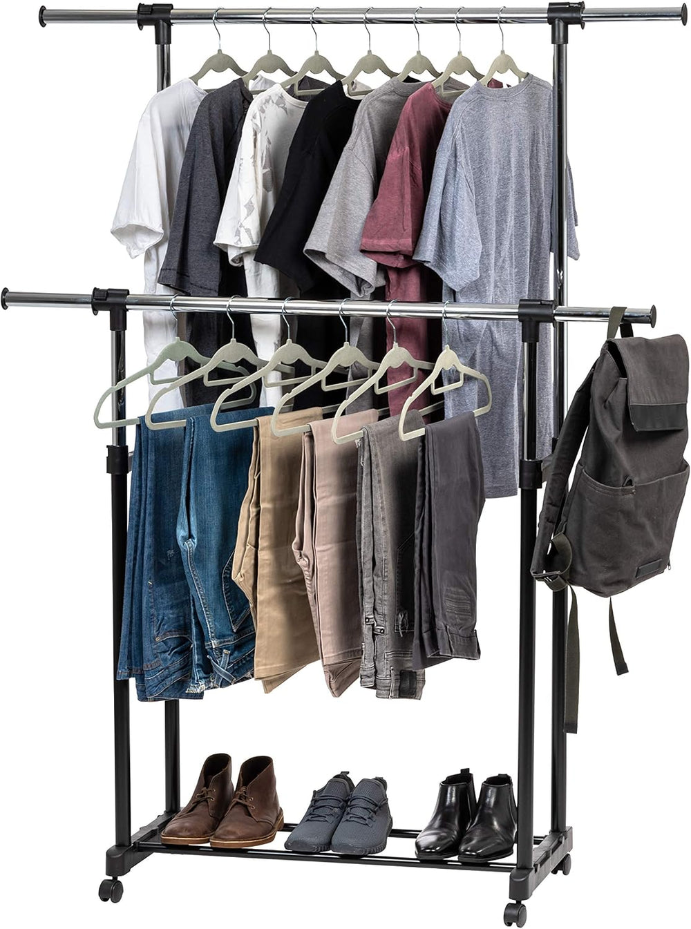 IRIS USA Portable Double-Rod Height Adjustable Clothes Rack with Extendable B...