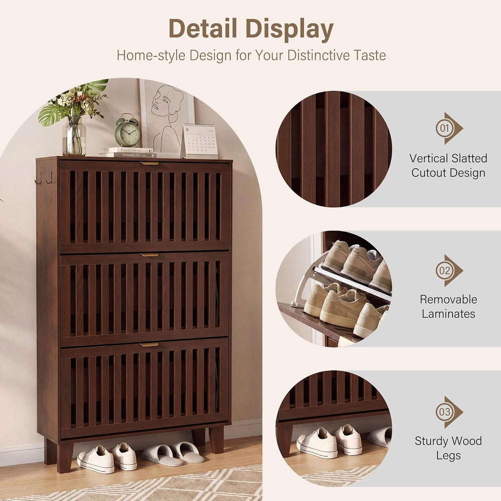 Shoe Cabinet with 3 Flip Drawers for Entryway, Walnut